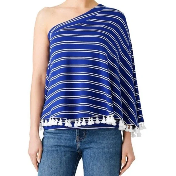 🏝️EUC - Trina Turk Pomona Top Women size XL - One shoulder Tassels Blue White - Picture 5 of 10